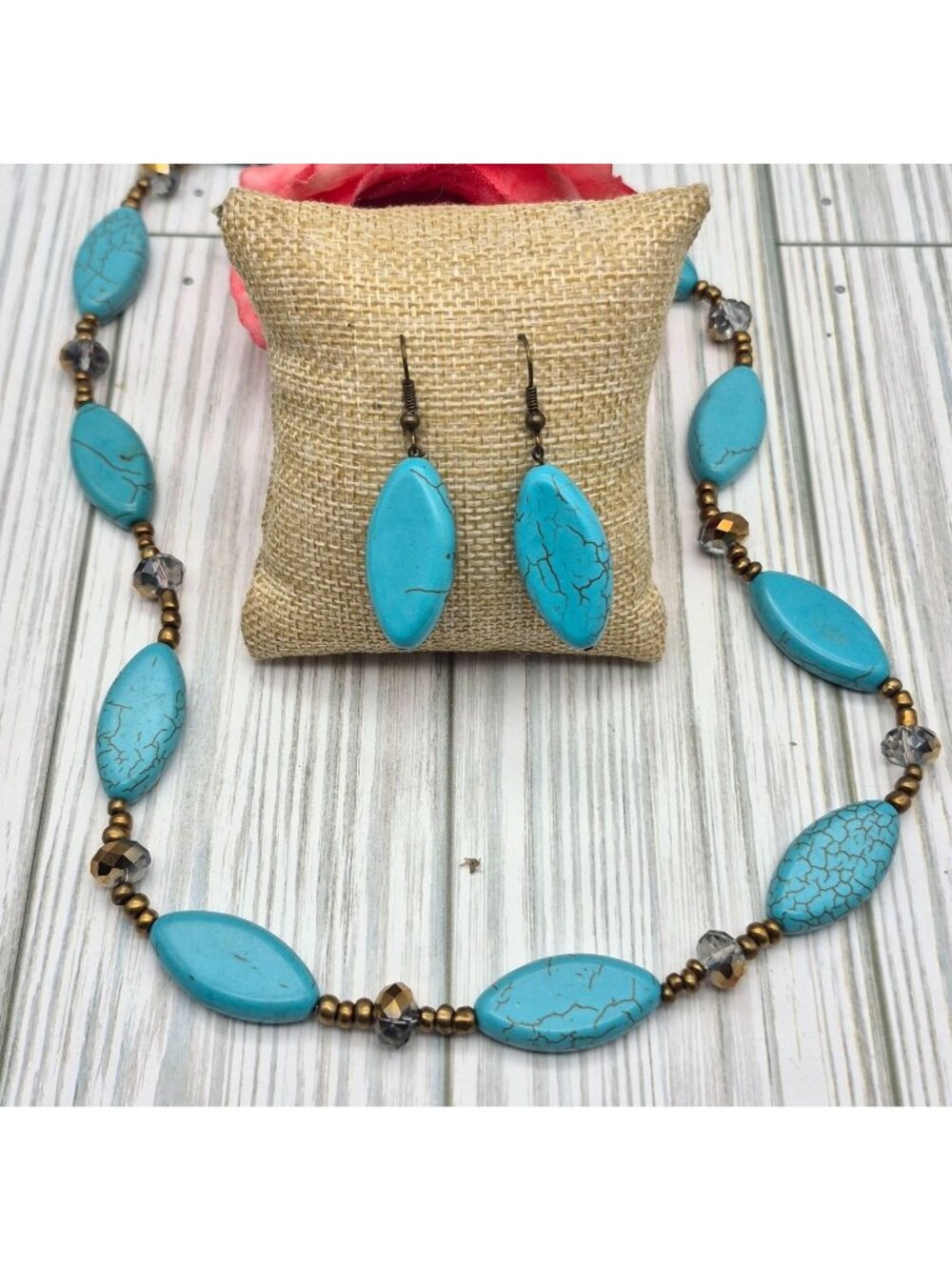 Artisan Bronze Bead & Howlite Stone Faux Turquoise Collar Necklace & Earring Set